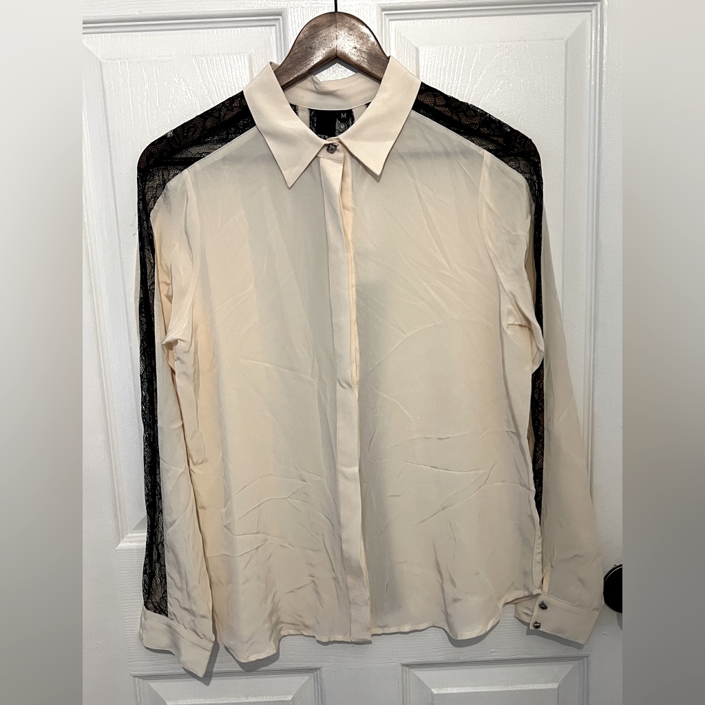 Tt Collection Women's Ivory Silk & Black Lace Long Sleeve Button Down Shirt New